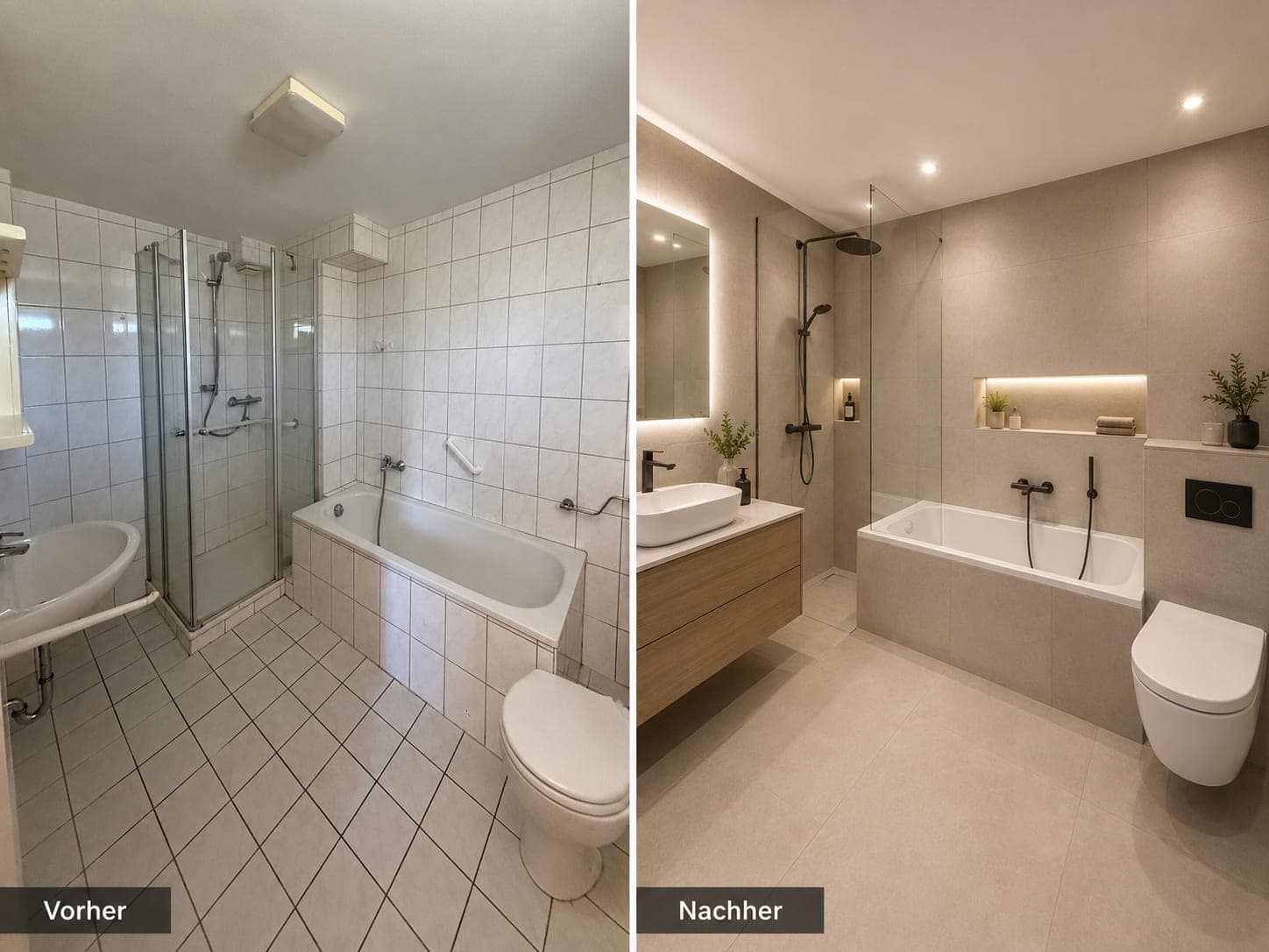 Renovierungsideen Bad und Garten – links Ist-Zustand, rechts Visualisierung