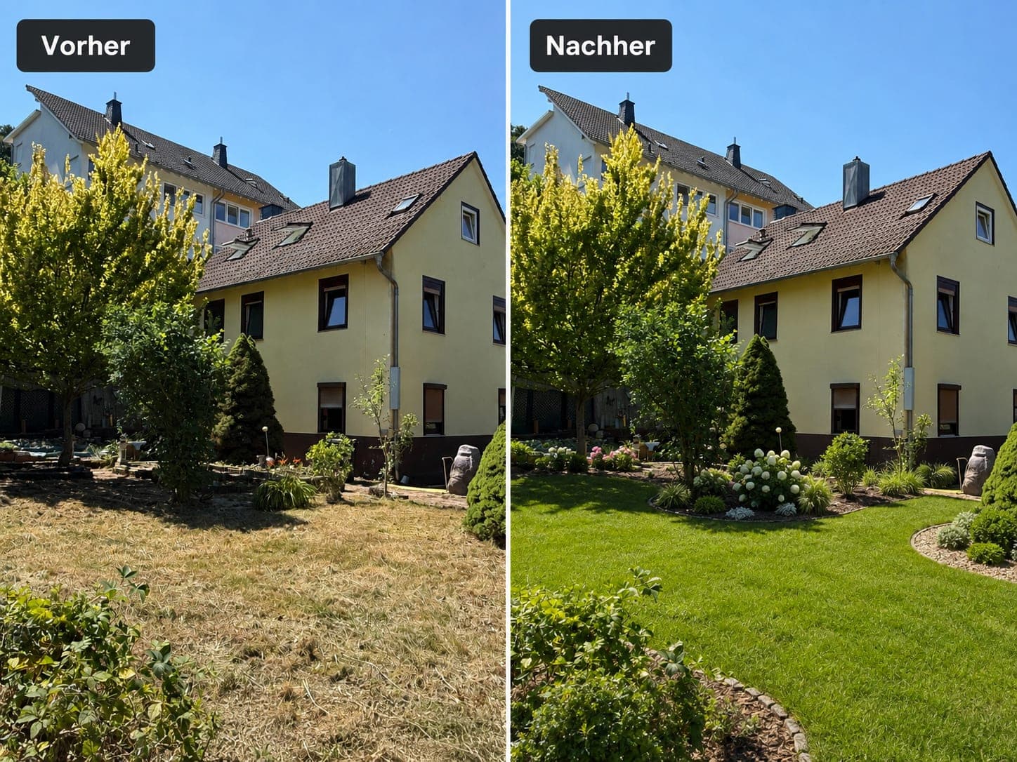 Renovierungsideen Bad und Garten – links Ist-Zustand, rechts Visualisierung
