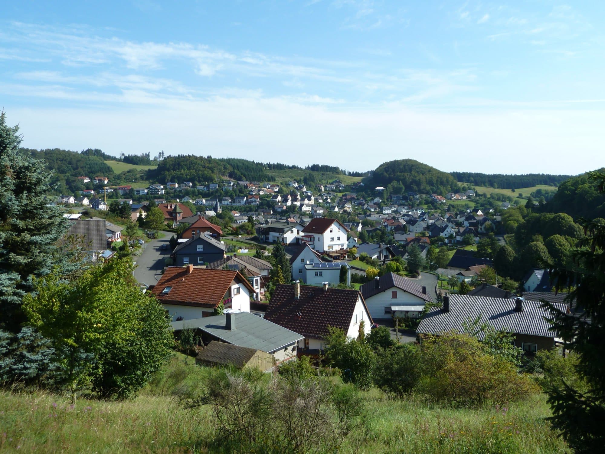 Blick über den Angelburger Ortsteil Lixfeld mit Wohnhäusern und bewaldeten Hügeln